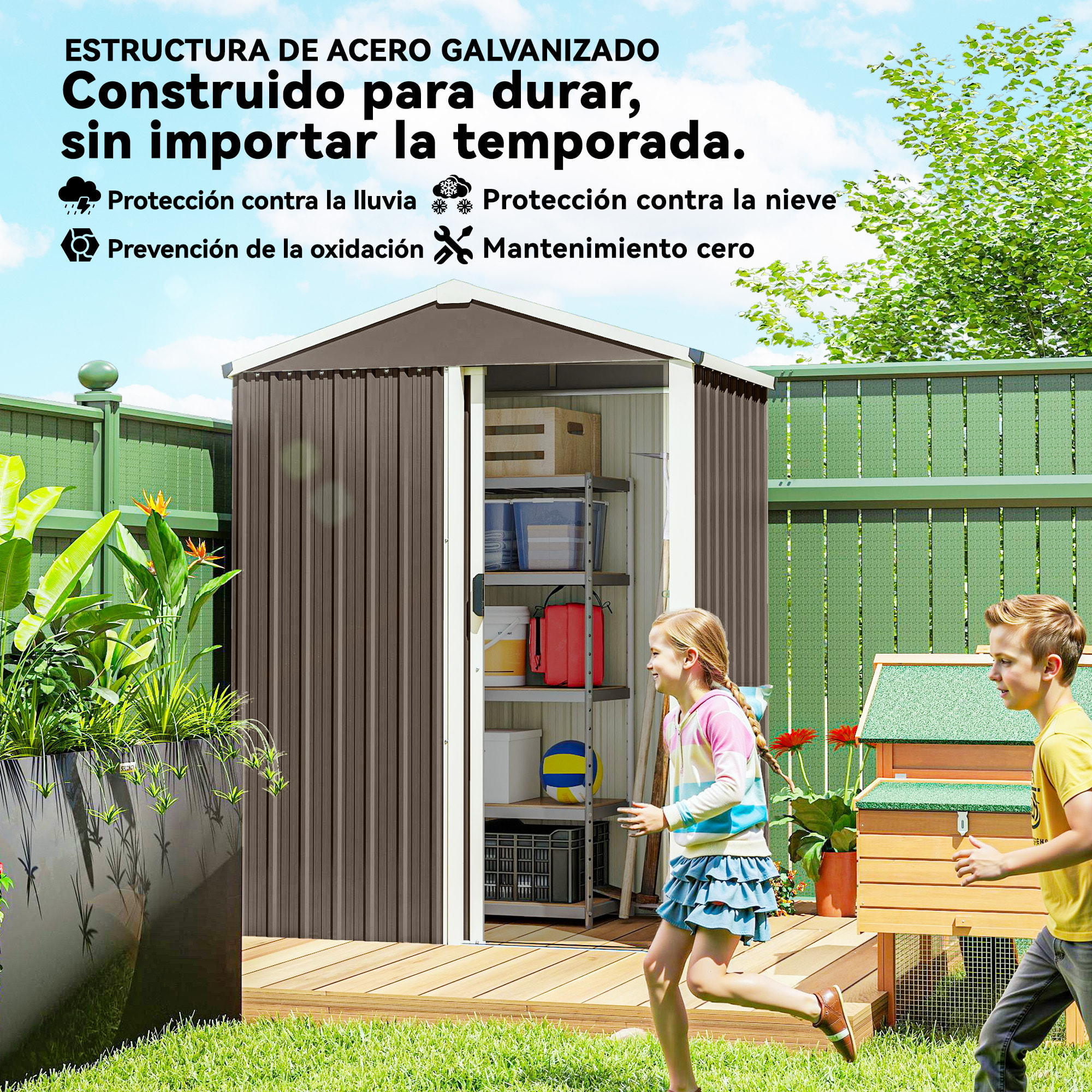 Caseta de Jardín Exterior 1,1 m², 136x87x179 cm, Cobertizo de Jardín Exterior Metálico con Puerta Corredera, Techo Inclinado y Guantes, para Almacenaje de Herramientas Bicicletas, Marrón
