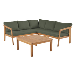 Salon de jardin d'angle kaki en acacia 5 places LOBERIA CORNER. table carrée