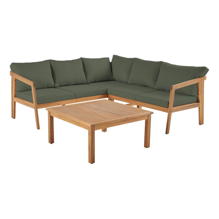 Salon de jardin d'angle kaki en acacia 5 places LOBERIA CORNER. table carrée