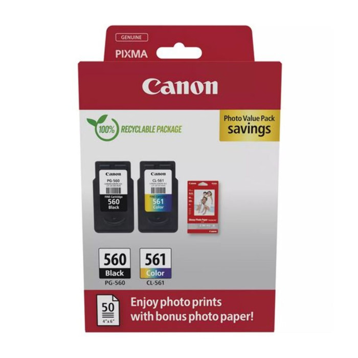 Cartouche d'encre CANON Pack de 2 Originales PG-560/CL-561 Noir et Couleur + Papier - 3713C006
