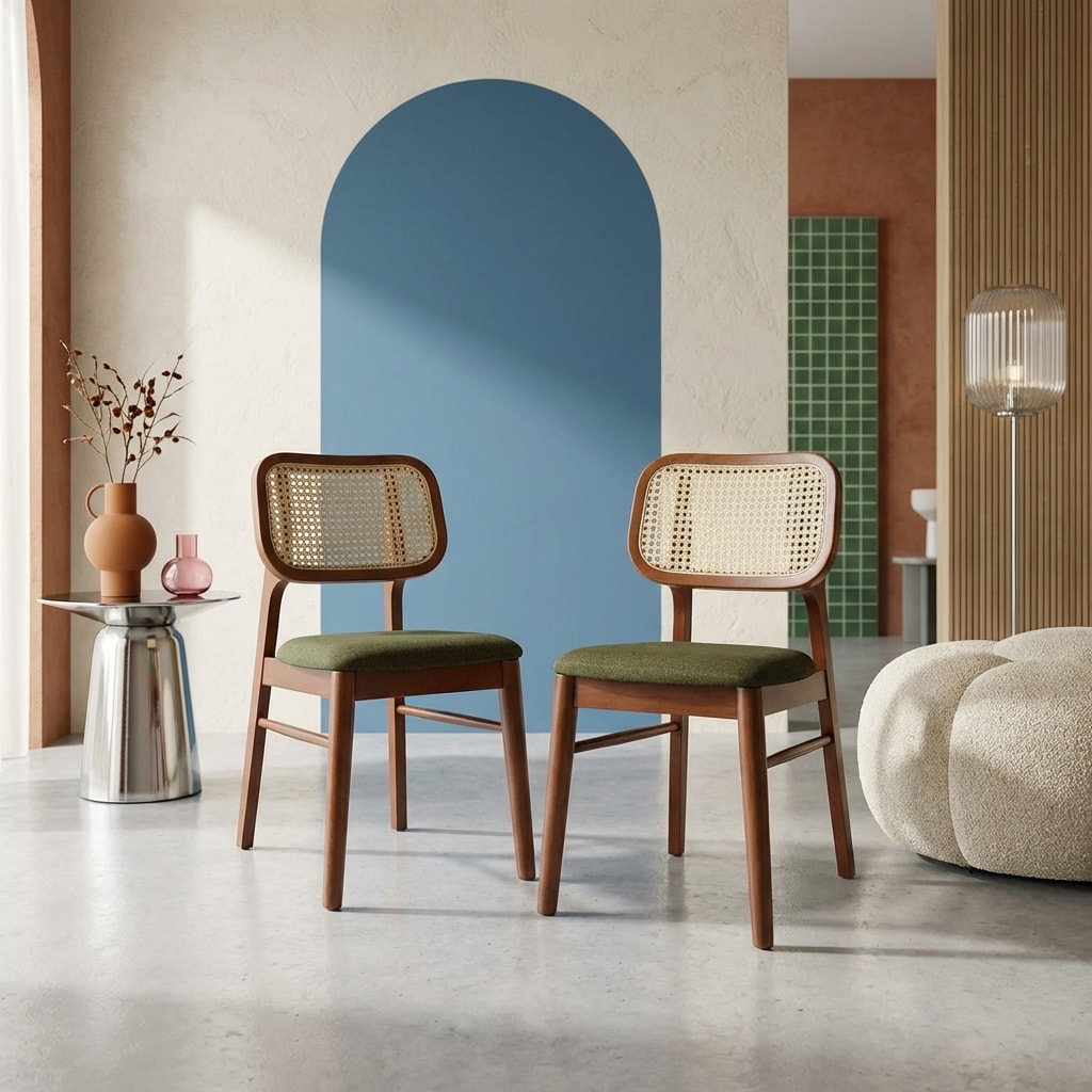 Chaise vintage bois d'hévéa et cannage (lot de 2) MANI