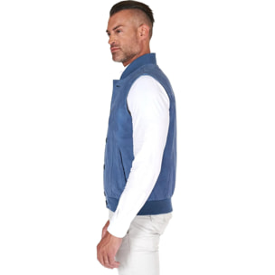 Gilet in pelle camoscio blu denim con bottoni