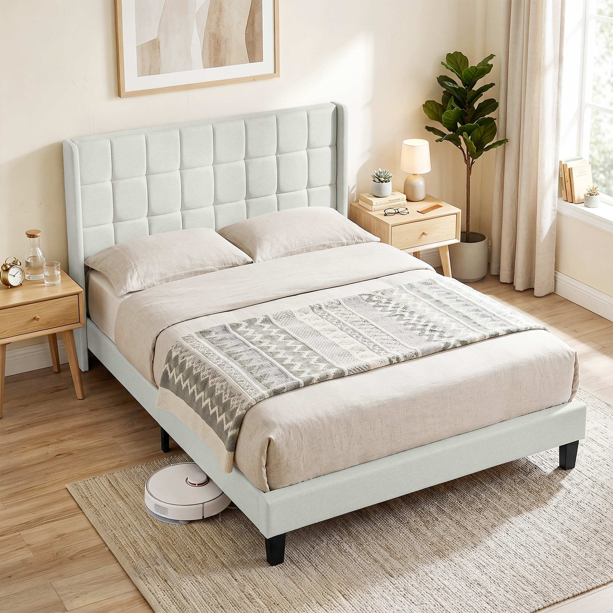 Cama Tapizada 135x190 cm con Cabecero Acolchado con Orejas y Almacenaje Inferior, Marco de Cama Doble con Somier de Lamas de Madera, Diseño Moderno, Fácil Montaje, Beige