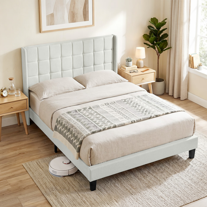 Cama Tapizada 135x190 cm con Cabecero Acolchado con Orejas y Almacenaje Inferior, Marco de Cama Doble con Somier de Lamas de Madera, Diseño Moderno, Fácil Montaje, Beige