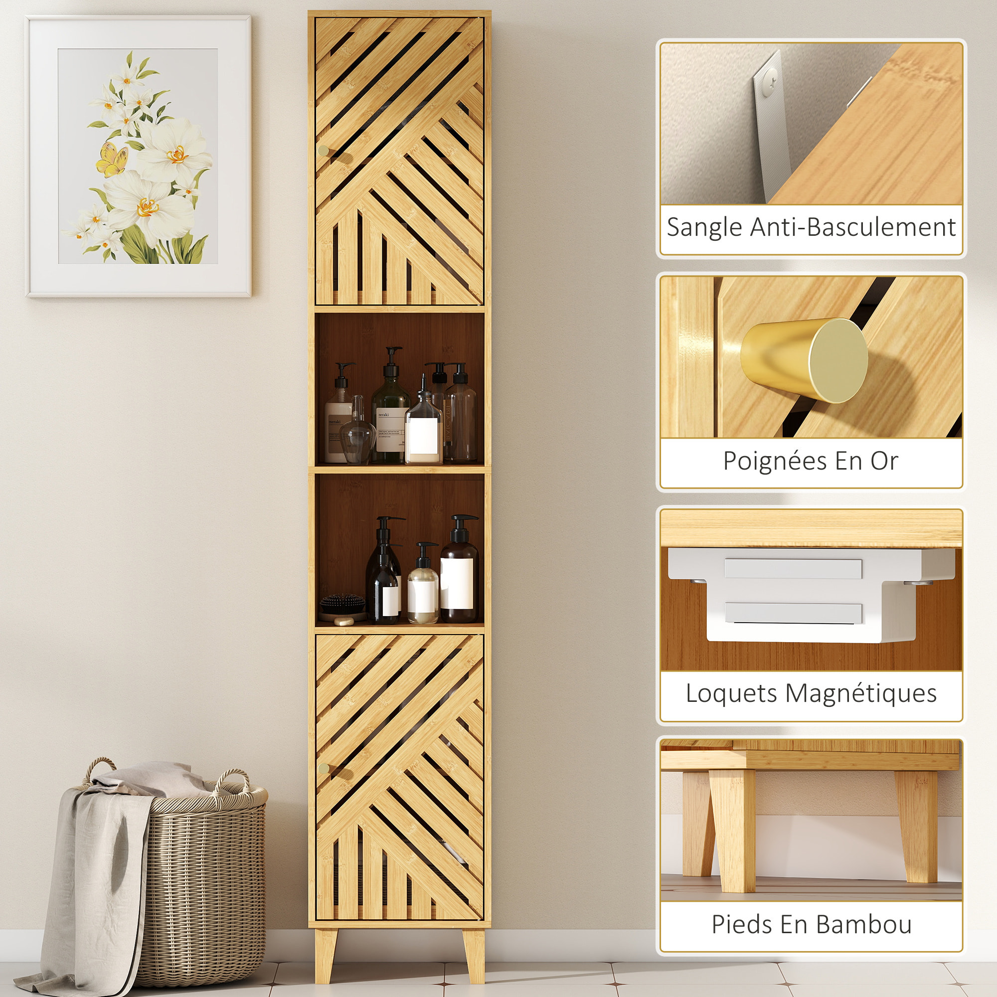 Armoire salle de bain haute, meuble de rangement colonne, portes et pieds en bambou, niches ouvertes, étagères réglables, meuble étroit pour toilette, petits espaces, 32x30x170cm, bois naturel