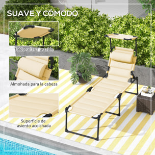 Tumbona Plegable, Tumbona Jardín Exterior con Toldo Ajustable, Respaldo Regulable en 4 Niveles, Reposacabezas, Cojín Grueso, para Terraza, Piscina, 70x200x45 cm, Crema