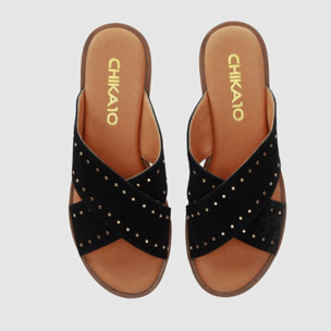Sandalias de Serraje - Negro - Tacón: 1 cm