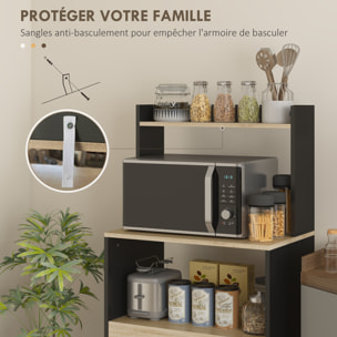 Rangement desserte de cuisine pour micro-ondes - 2 portes, 2 niches, tiroir, étagère - noir naturel
