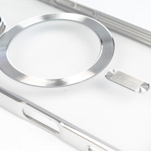 Custodia trasparente con fotocamera coperta, bordi argentati, antiurto e resistente alle impronte. Magsafe per iPhone 16.