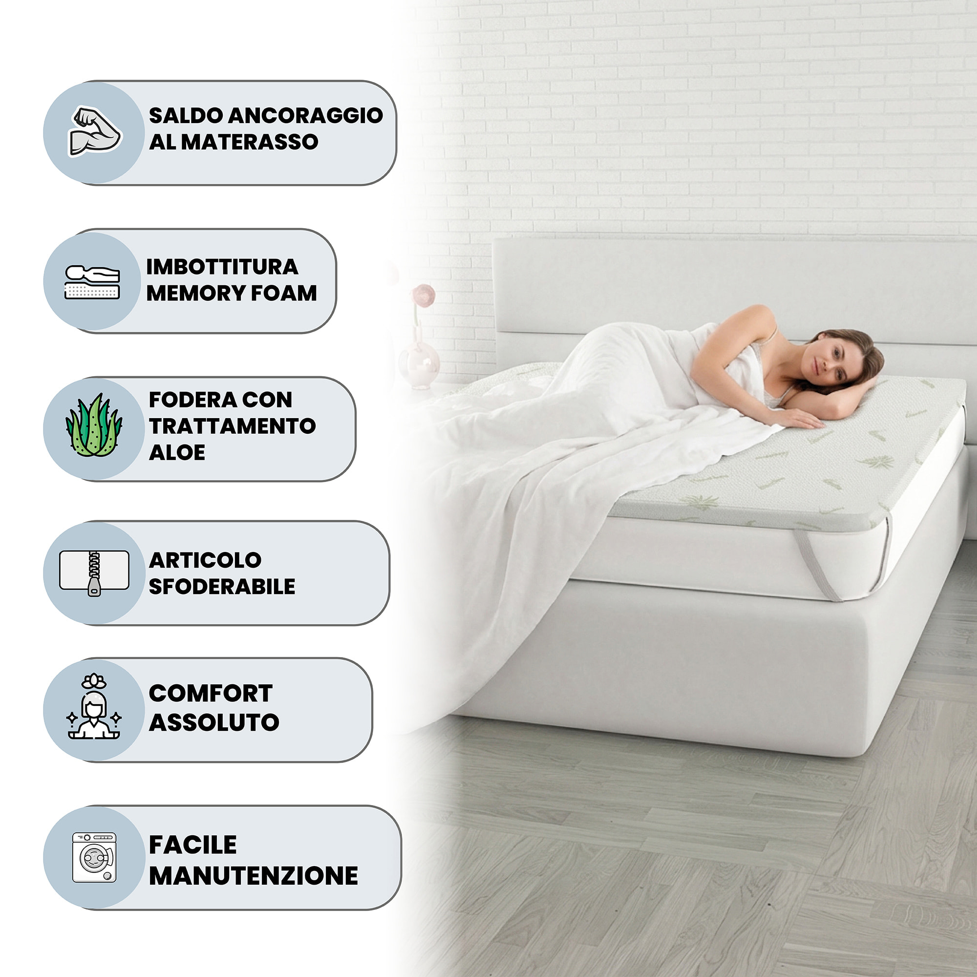 TOPPER MEMORY CON FODERA ALOE - Made in Italy