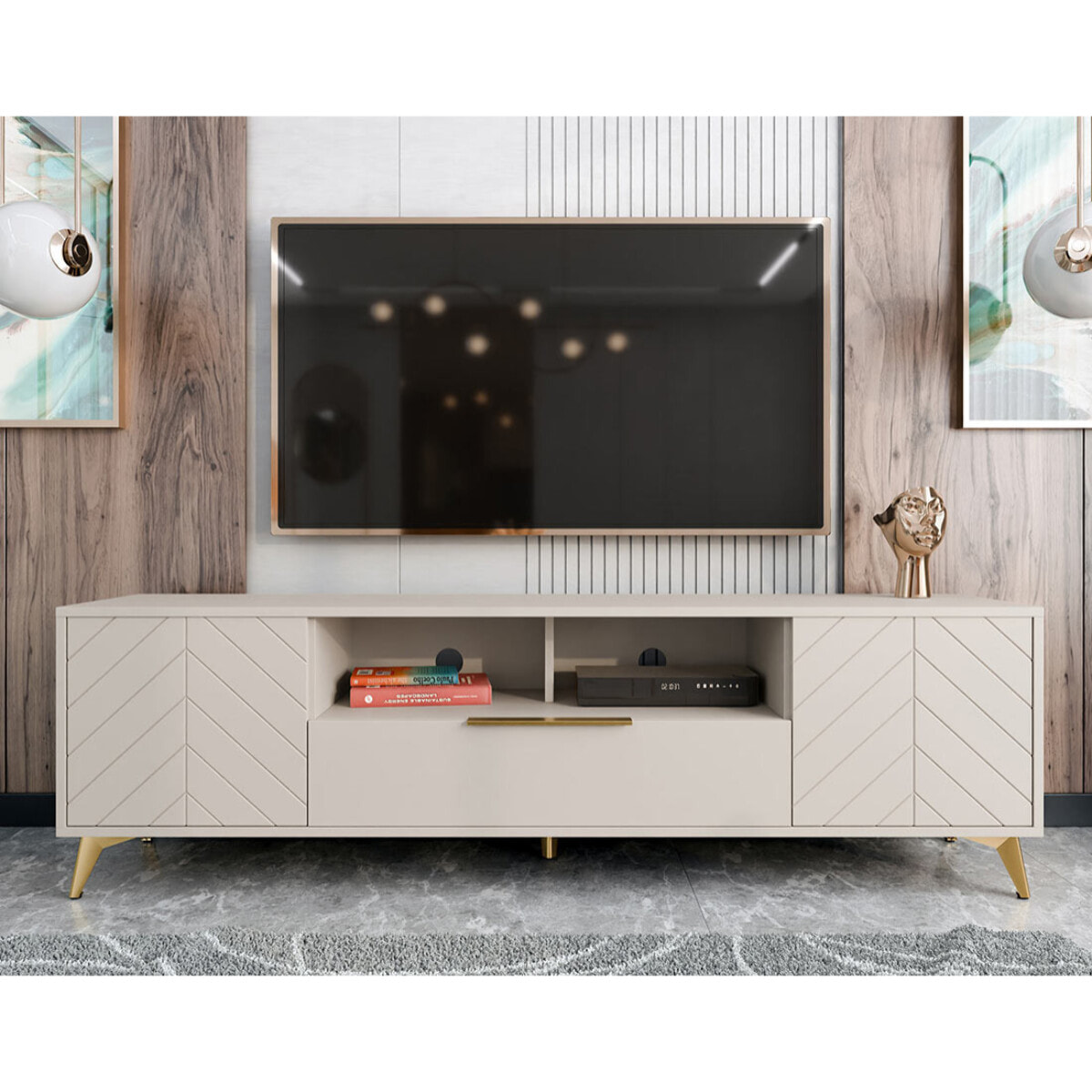 Boccioni - meuble tv - beige - 2 portes, 1 tiroir et 1 niche - 200 cm - Beige