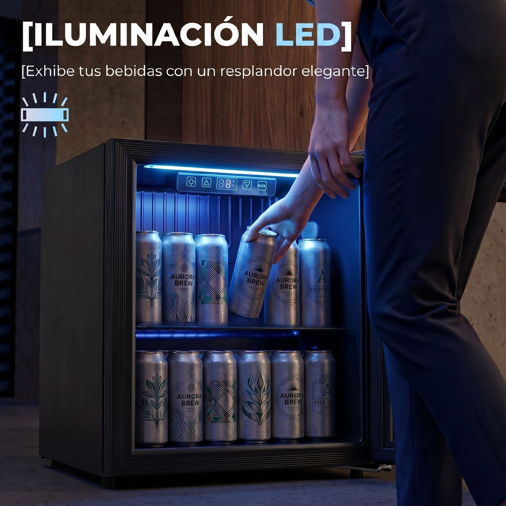 Frigorífico de Bebidas 50 L, Mini Nevera con Puerta de Vidrio Doble, Iluminación LED, Estante Ajustable, 2-18℃, para 48 Latas, Nevera Pequeña para Refrescos, Cerveza y Vino