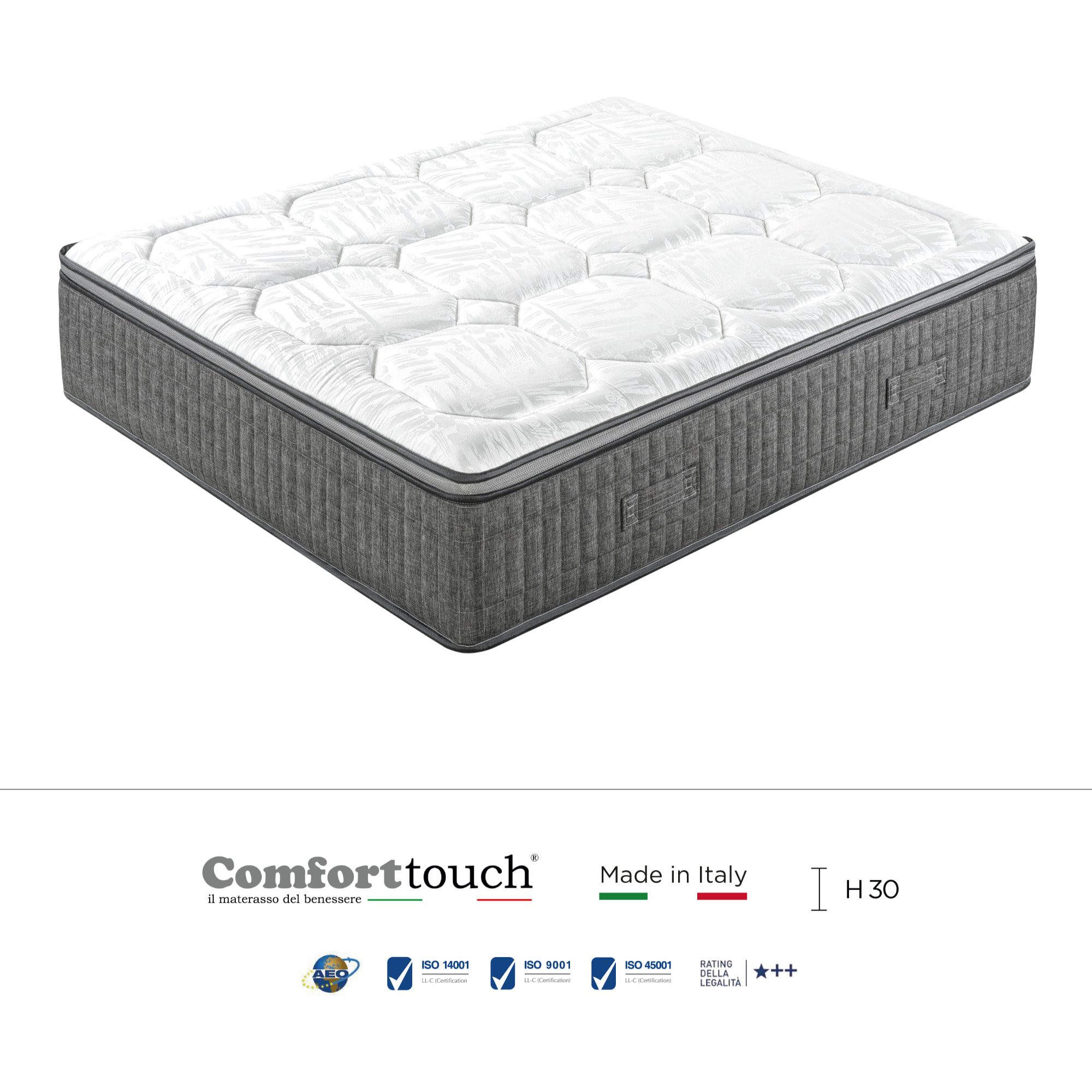 "Diamond" H30 cm 180x200 coppia guanciali Memory OMAGGIO a molle insacchettate e 4cm memory Gel