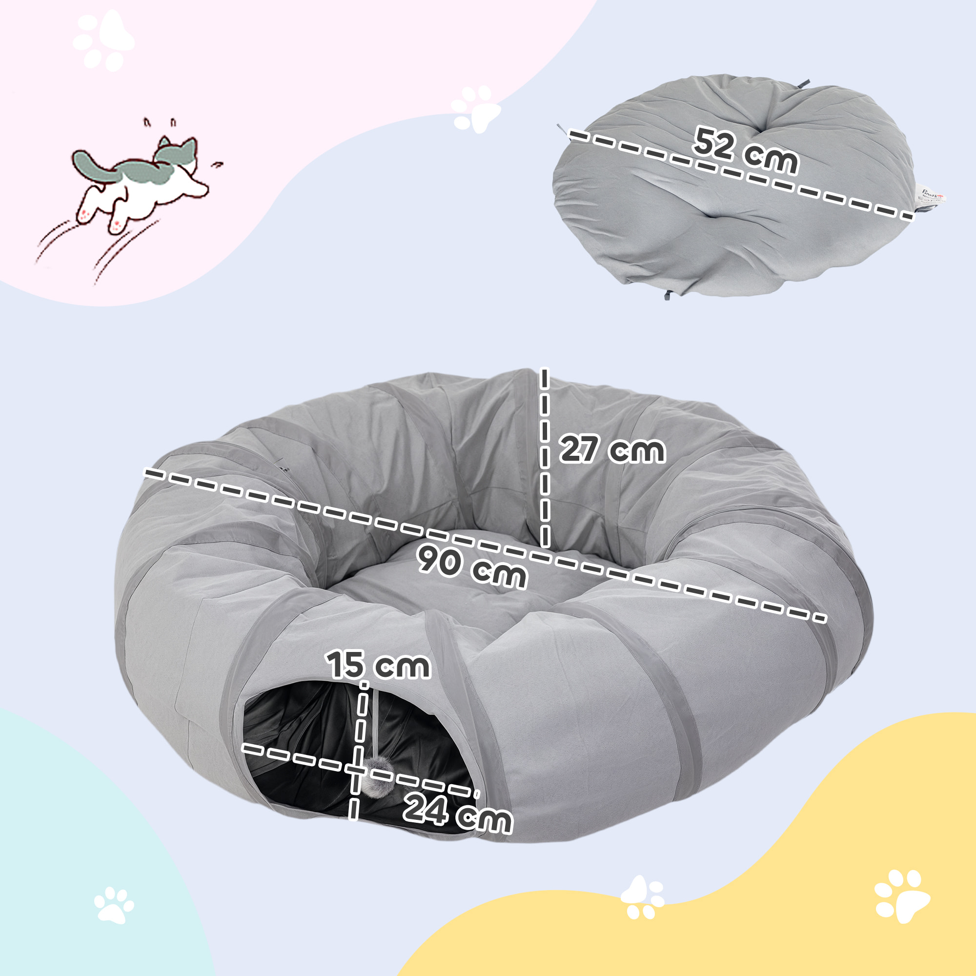 Tunnel pour chat intérieur - fonction lit pliable avec coussin et jeu balle suspendue - gris