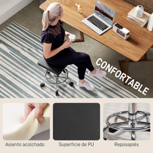 Taburete Giratorio Taburete con Ruedas Altura Regulable 50-66 cm Asiento Tapizado de Cuero Sintético Reposapiés para Salones y Talleres Negro