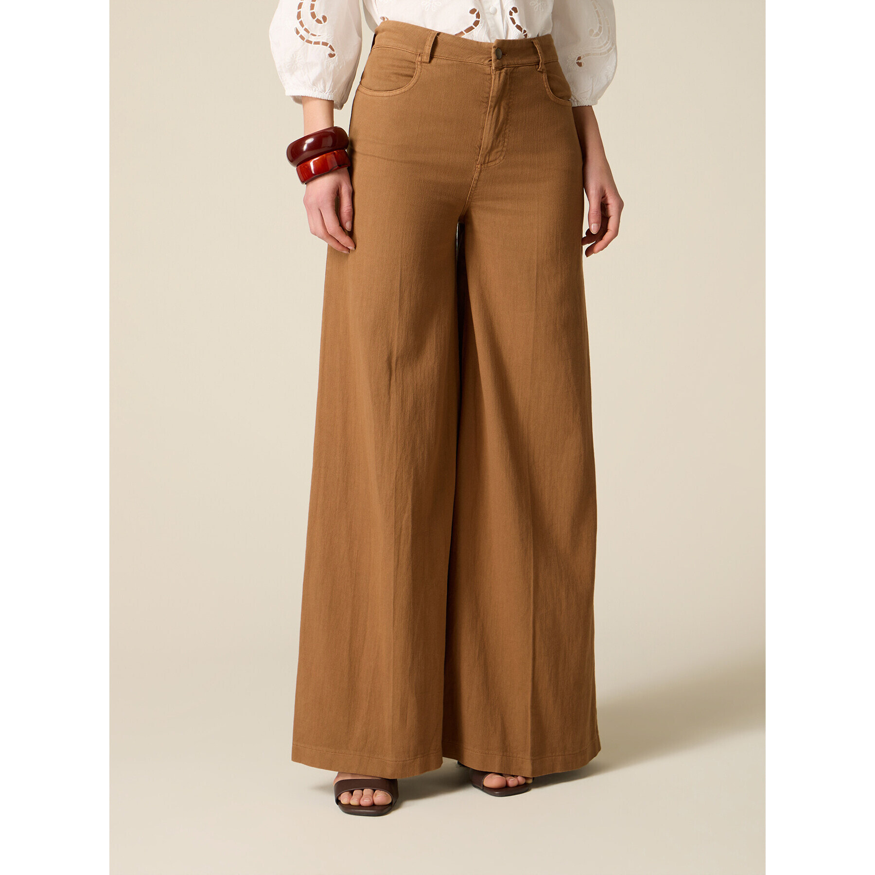 Oltre - Pantaloni wide leg in cotone maltinto - Marrone