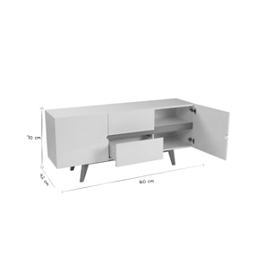 Buffet scandinave blanc brillant et finition bois clair 2 portes 2 tiroirs L160cm MELKA