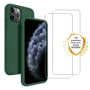 Coque iPhone 11 Pro Max Silicone liquide Vert Foret + 2 Vitres en Verre trempé Protection écran Antichocs