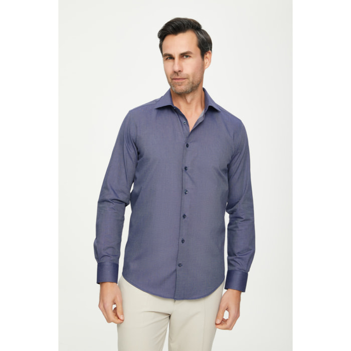 Camicia Uomo 1 Bottone Francese Slim Jacquard Fantasia Blu