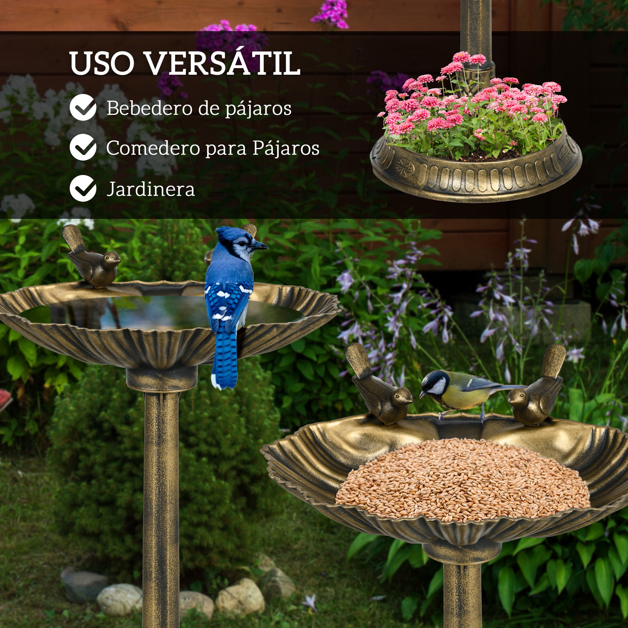 Baño para Pájaros de Jardín al Aire Libre, Altura 81 cm, Comedero para Pájaros con Base de Pedestal, Diseño de Concha y Acabado Envejecido, Ligero y Resistente, Bebedero para Aves, Bronce