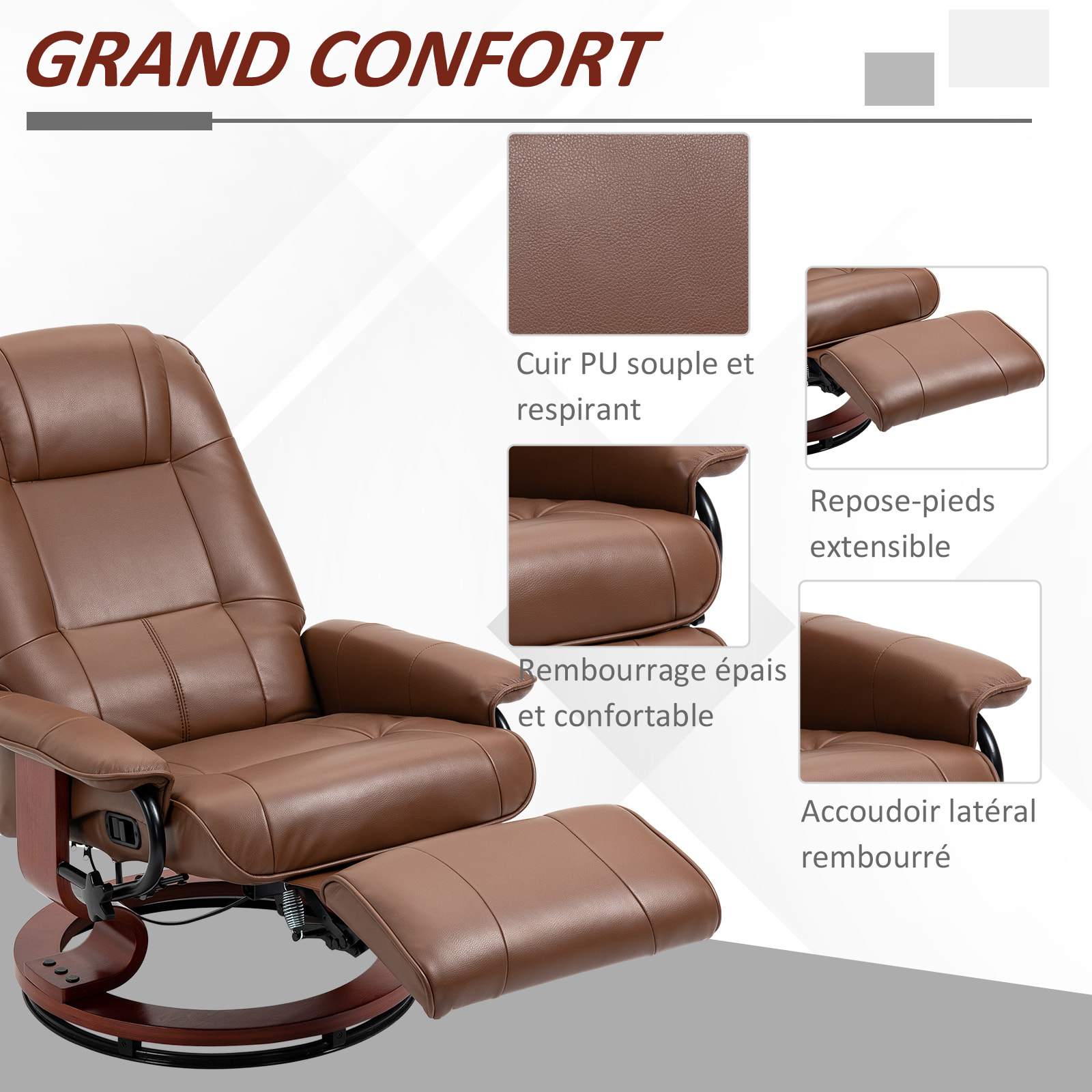 Fauteuil relax inclinable pivotant repose-pied réglable piètement bois revêtement synthétique marron