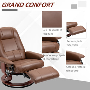 Fauteuil relax inclinable pivotant repose-pied réglable piètement bois revêtement synthétique marron