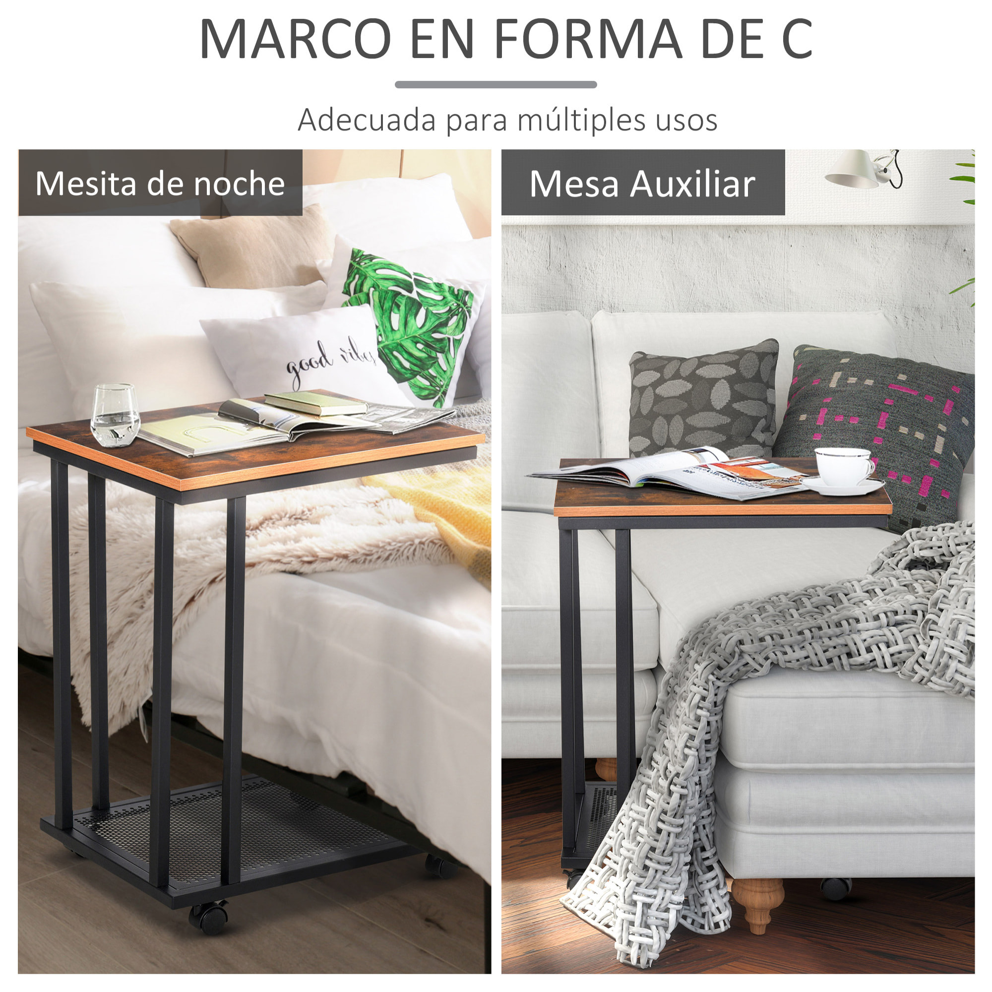 Mesa Lateral con Ruedas Industrial 51x36x61cm Negro y Madera