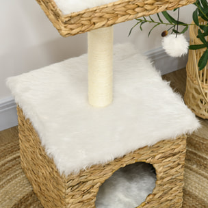 Arbre à chat style cosy chic griffoir sisal niche plateforme d'observation boule jacinthe d'eau peluche aspect fourrure