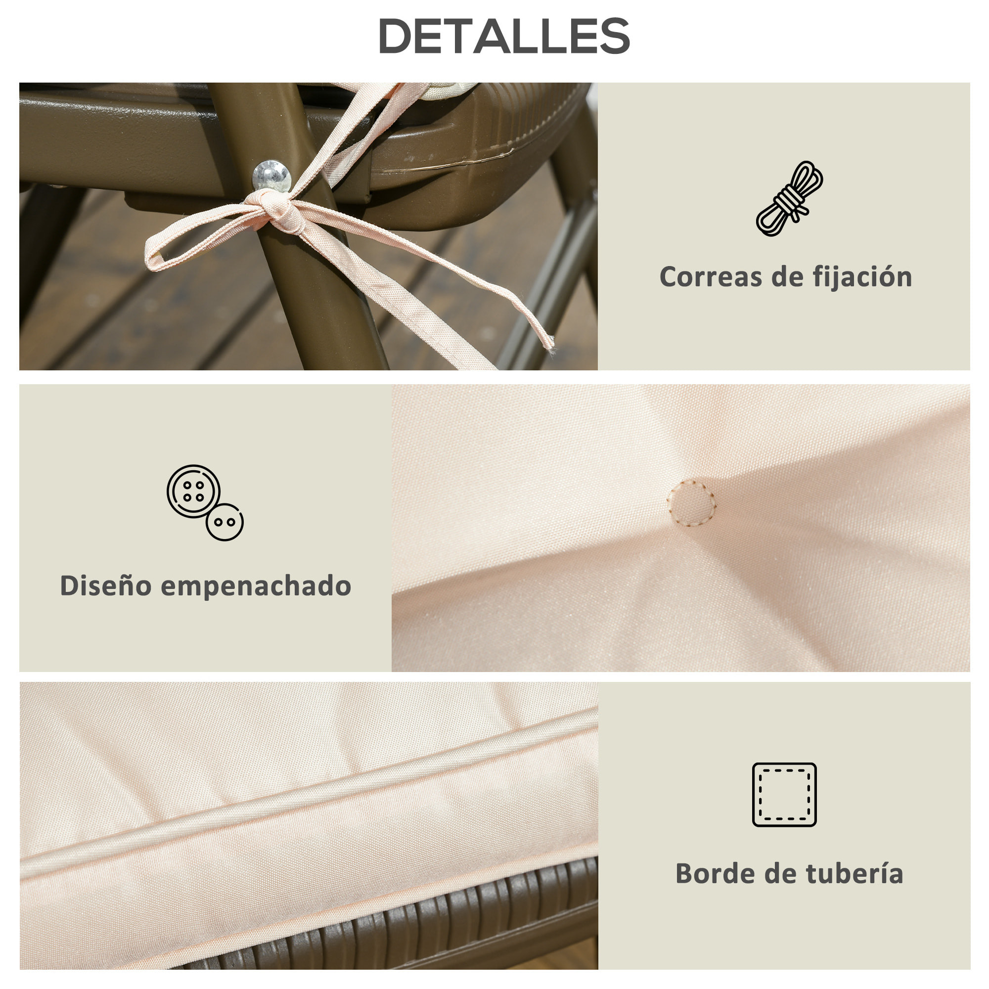 Conjunto de Cojines para Sillas de Comedor 42x42x5 cm Juego de 4 Piezas Cojines para Sillas de Jardín Impermeable con 2 Amarres de Fijación Crema