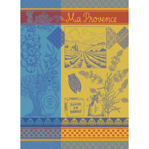 Torchon pur coton motif jacquard bleu jaune Ma provence curry