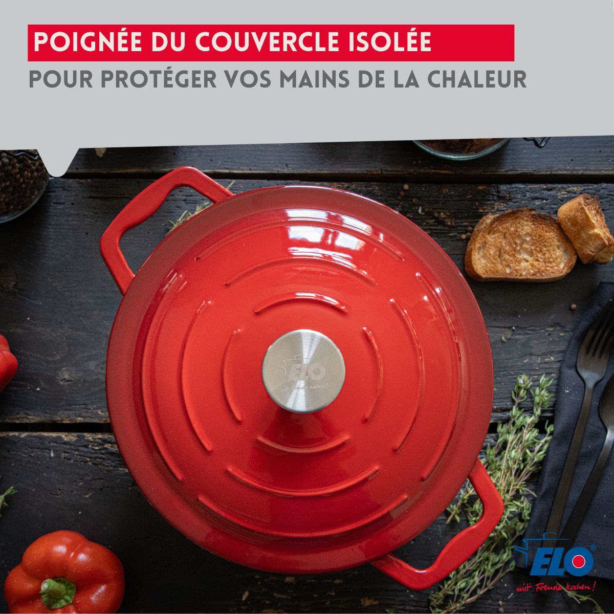 Cocotte en fonte émaillée basse 28 cm rouge cerise 3L Elo