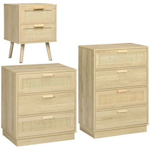 Conjunto para el Hogar Incluye 1 Mesita de Noche 1 Cómoda con 3 Cajones y 1 Cómoda con 4 Cajones de Rejilla de Ratán Estilo Bohemio Natural
