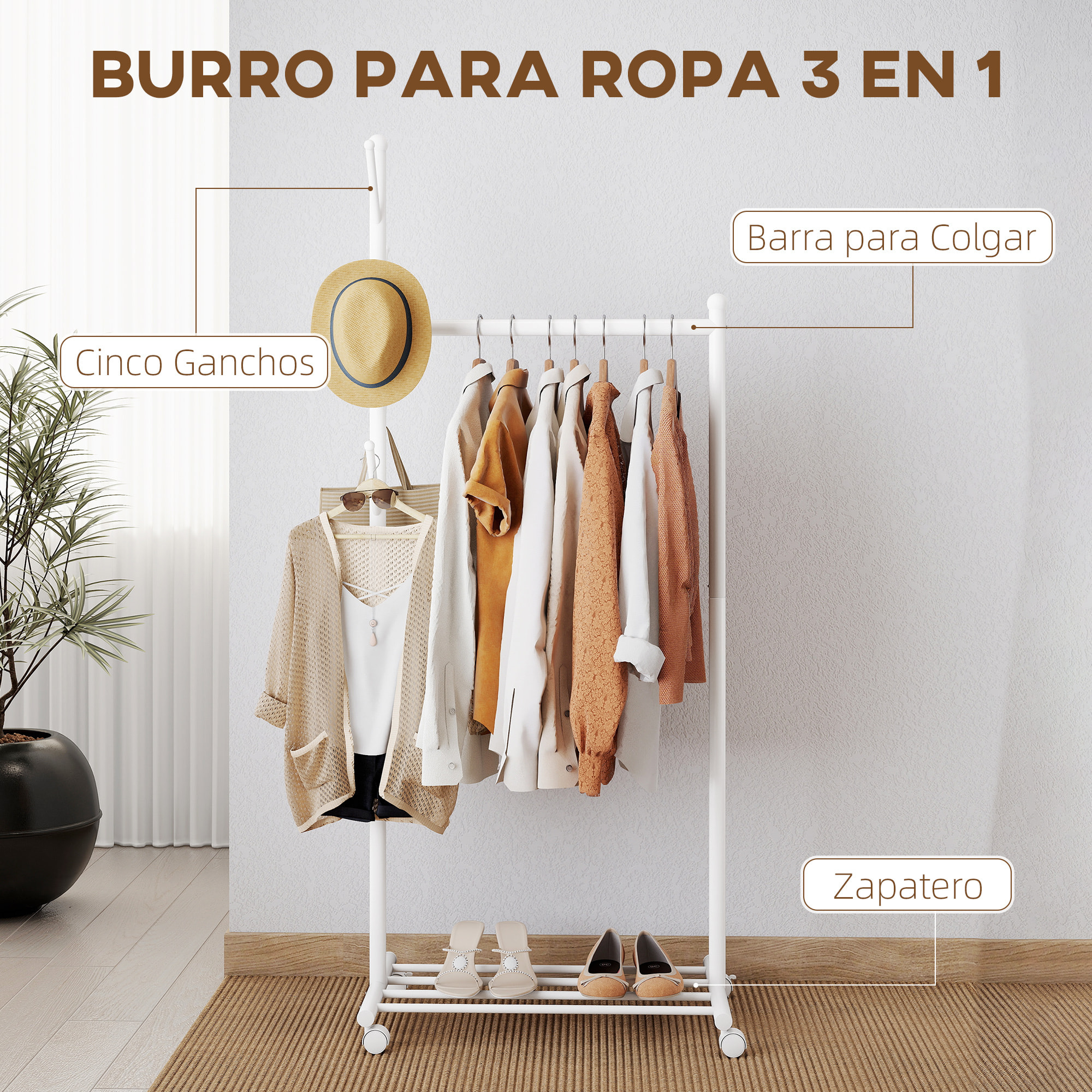 Burro Ropa con Ruedas, Perchero Burro Ropa con 5 Ganchos Barra para Colgar y Balda Inferior Perchero para Recibidor, Entrada, Dormitorio, 68x43x171 cm, Blanco