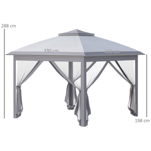 Carpa Plegable 3,3x3,3 m Altura Ajustable en 3 Niveles Cenador de Jardín con Doble Techo 4 Mosquiteras Extraíbles y Bolsa de Transporte para Camping Fiestas Gris