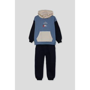 Conjunto niño sudadera con capucha azul marino y beige y pantalón jogger, estampado estilo BMX | Color: Marino | Street Monkey