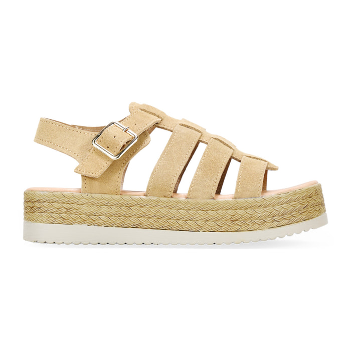 Sandalias de piel marrones cangrejeras con plataforma de esparto