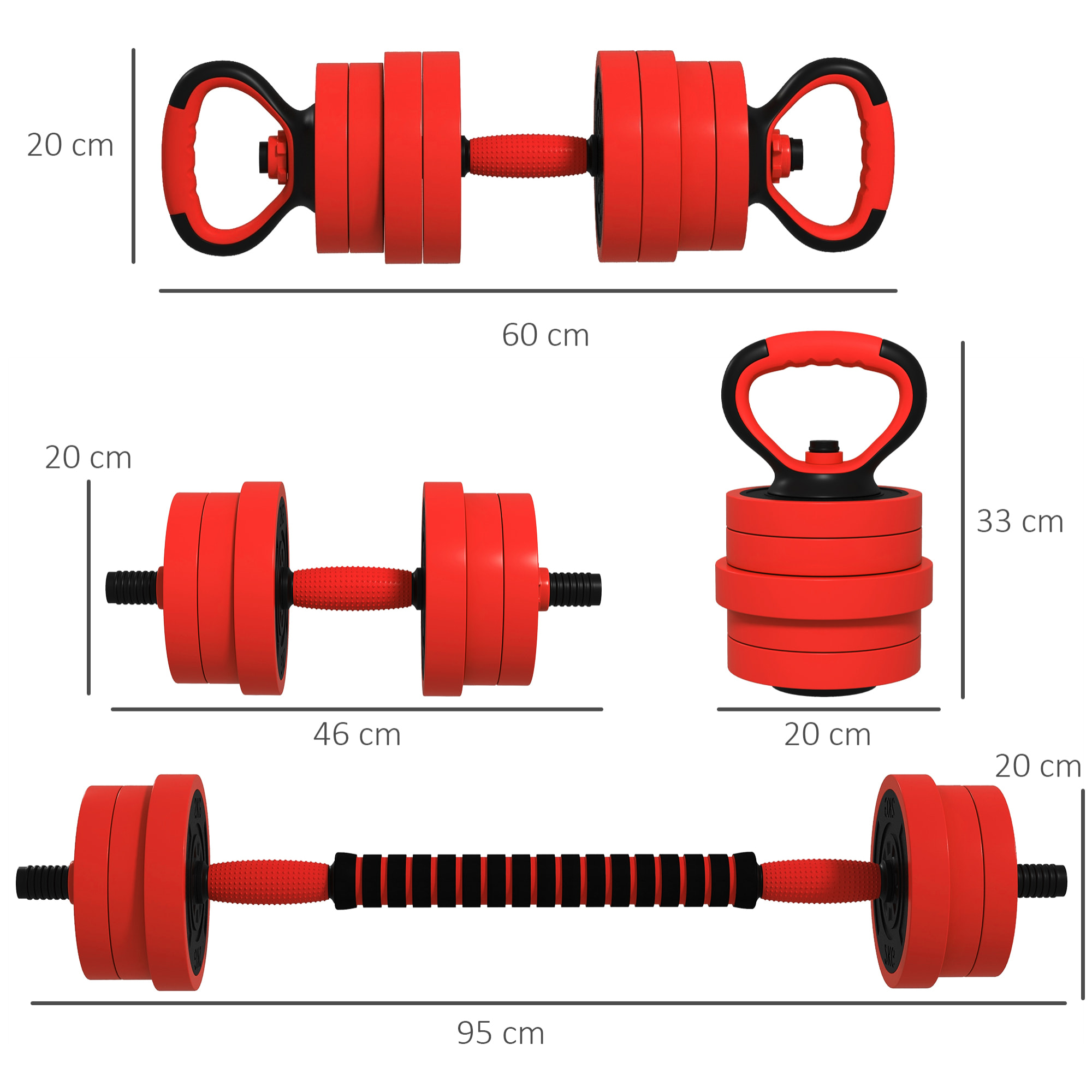 Kit de Mancuernas Ajustables 20kg 4 en 1 Juego de Pesas con Kettlebell Barra de Pesas para Entrenamiento de Fuerza en Hogar Gimnasio Oficina Rojo