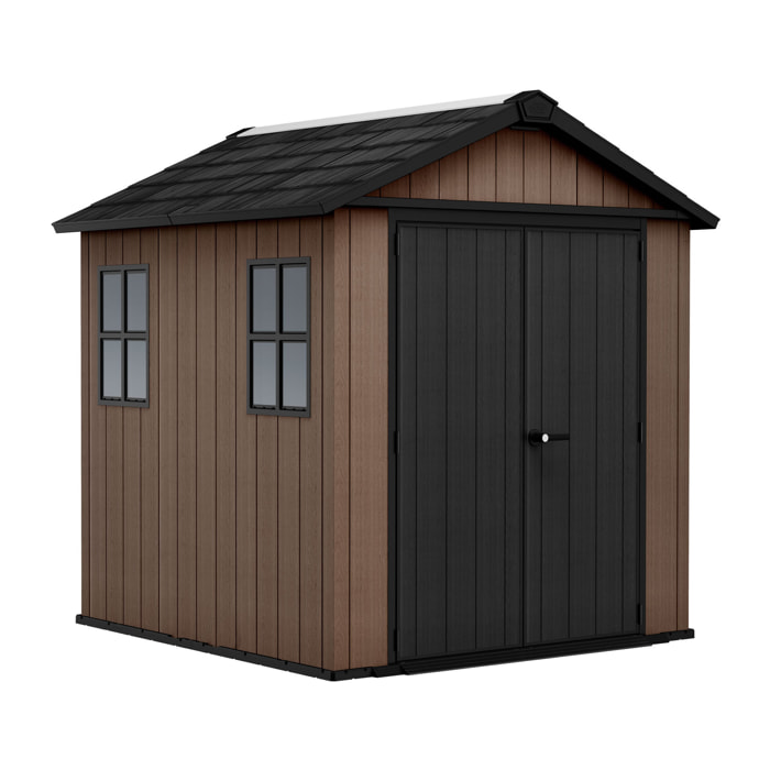 Newton + 757/775 - Casetta da Giardino 223x246x230 cm 2 Ante per deposito attrezzi finitura effetto legno Evotech+ in Resina Marrone e Nero