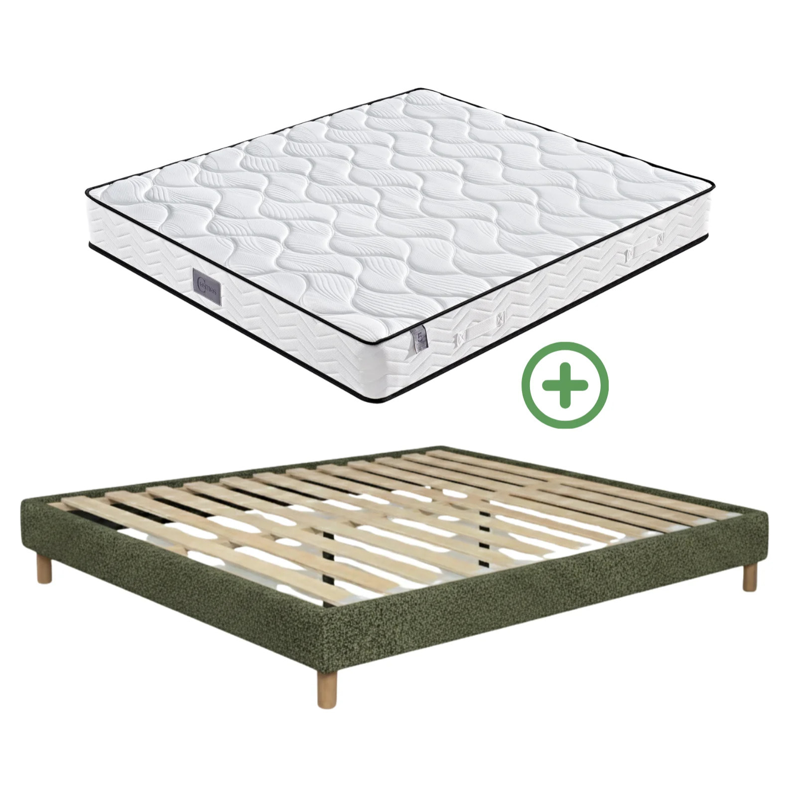 Ensemble matelas Univers & sommier Cancun | Mémoire de forme et ressorts ensachés | Cadre à lattes | Bouclette | Olive