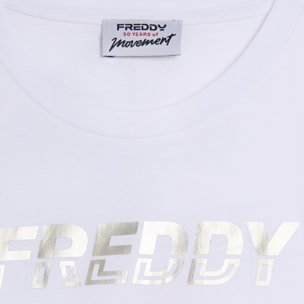 T-shirt cropped con inserto a contrasto e logo perlato