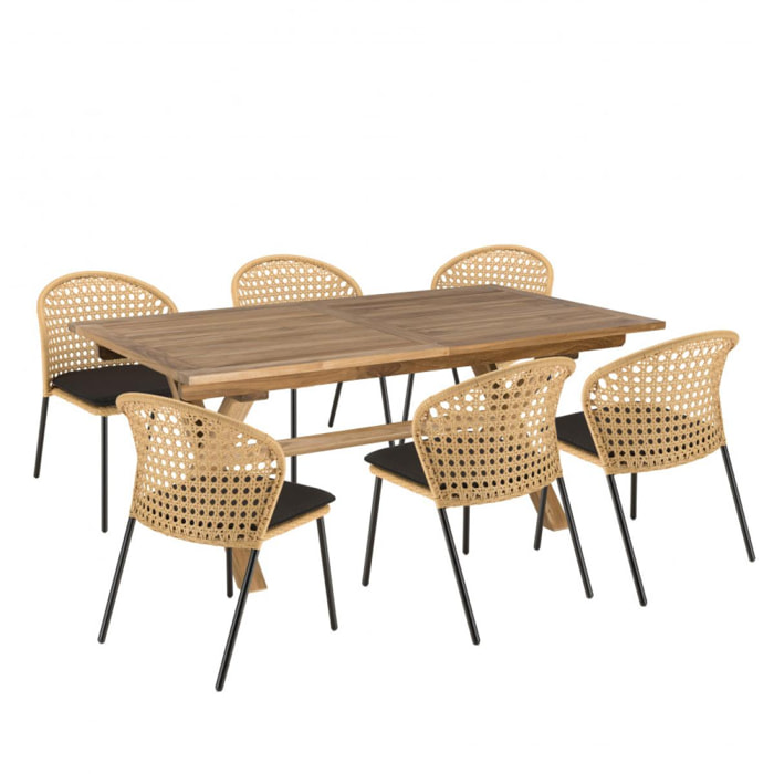 MALO - SALON DE JARDIN 6 PERS. - 1 table rectangulaire 180x100cm et 6 chaises beiges et noires