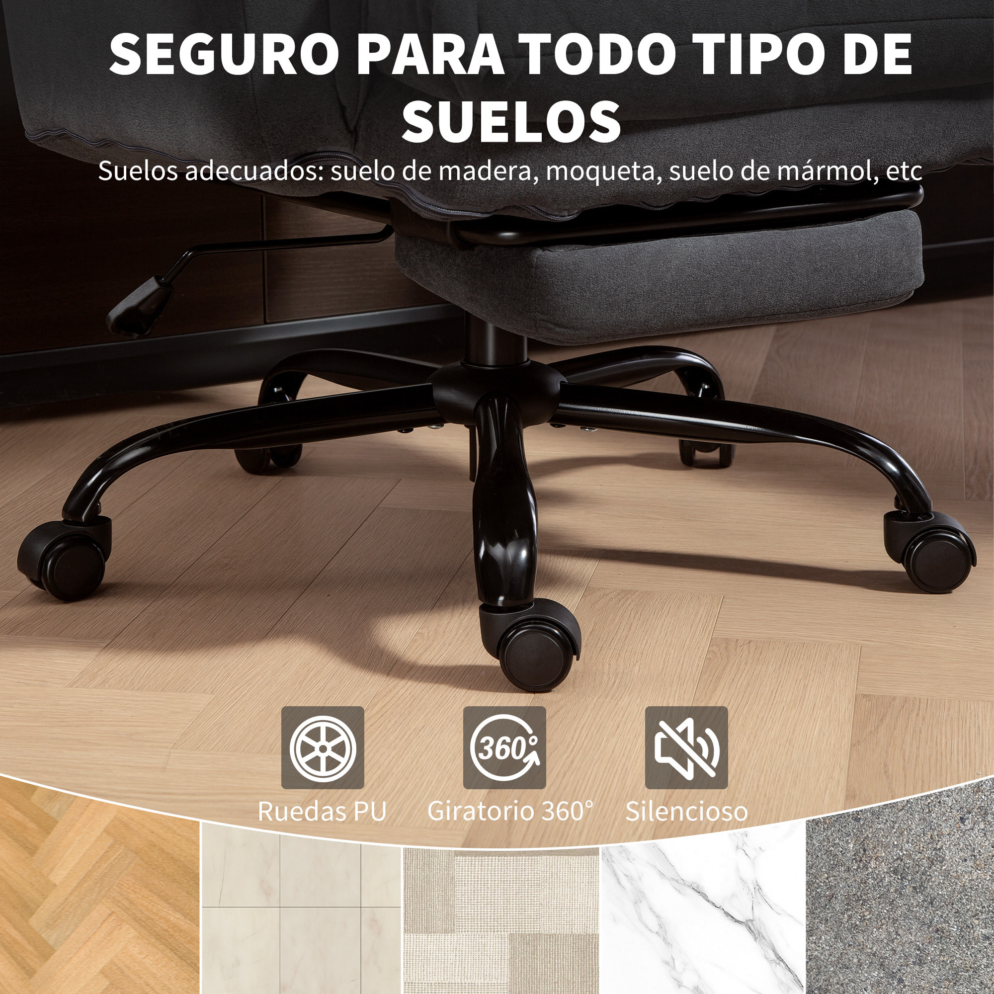 Silla de Escritorio con Reposapiés, Silla de Oficina Giratoria, con Respaldo Reclinable y Alto, Asiento y Reposabrazos Anchos, Acolchado Grueso, Tapizada en Terciopelo, Altura Ajustable, Gris