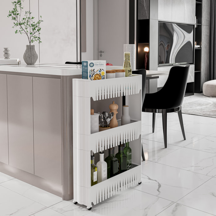 Carrello Da Cucina Salvaspazio Carrellino Portaoggetti Con Rotelle Ruote 3 Ripiani Dispensa Bagno Fino a 2.5 Kg Per Ripiano 72 x 12,5 x 54 cm Bianco