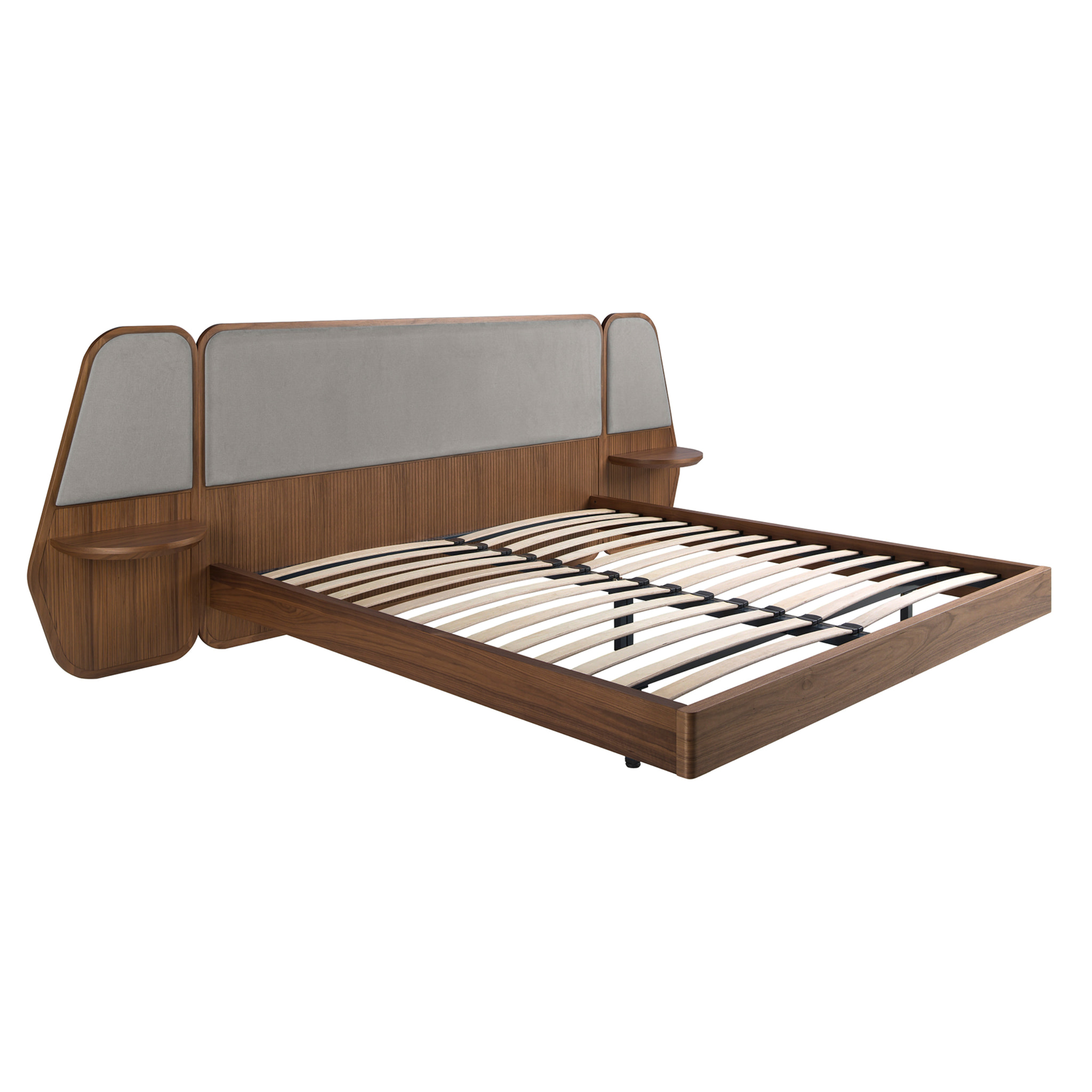 Cama Angel Cerdá de matrimonio en madera chapada en nogal natural y patas de acero inoxidable en negro 296x209x110cm