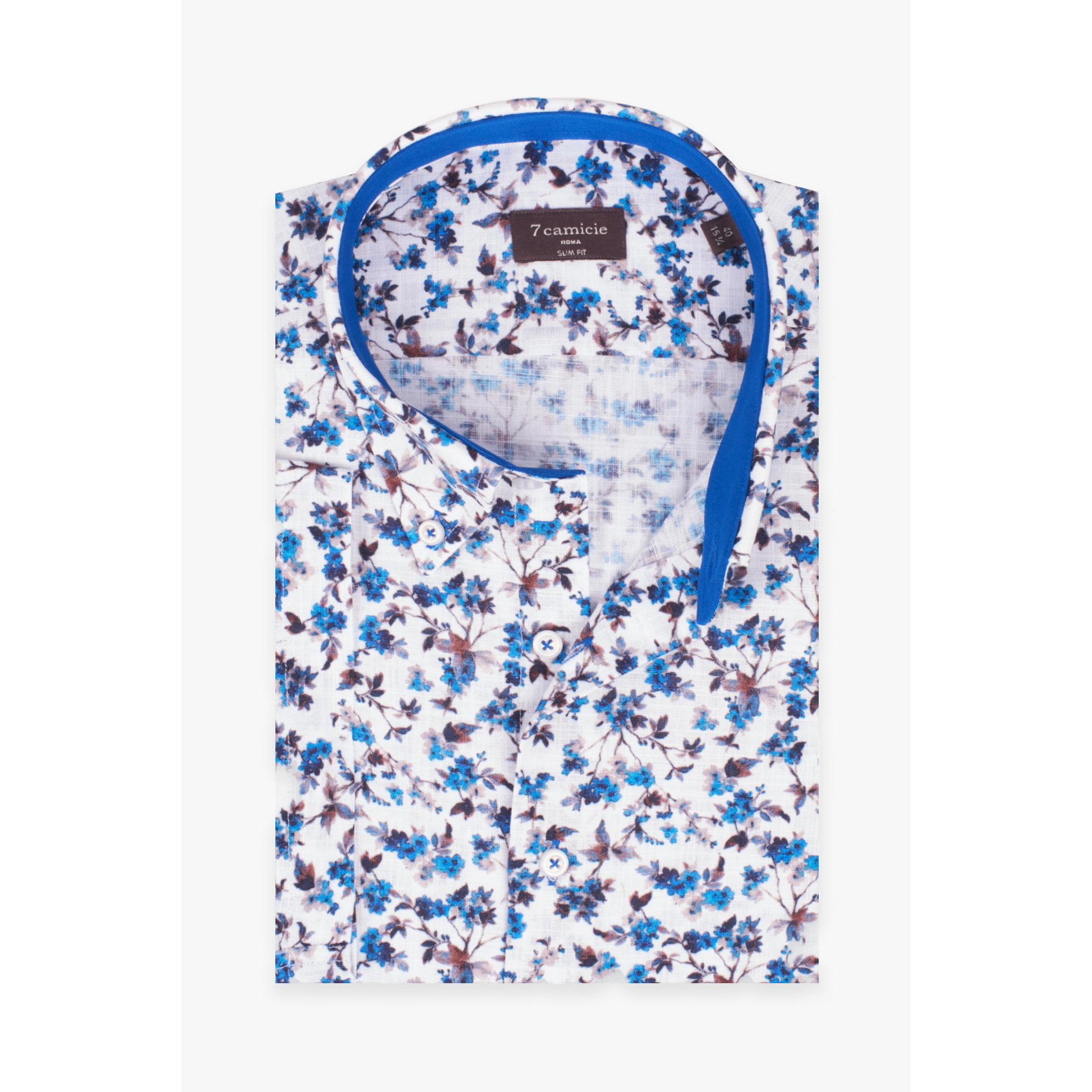 Camicia Uomo 1 Bottone Button Down Manica Corta Slim Cotone Stampato Bianco e Blu