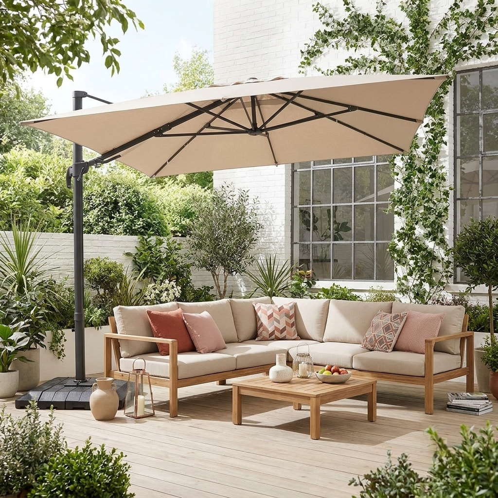Parasol déporté rectangulaire 3x4m + housse et dalles à lester 98x98cm OMBREA