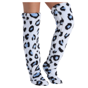 Calcetines largos de felpa extrasuave. 75 cm de longitud. Diseño leopardo blanco.