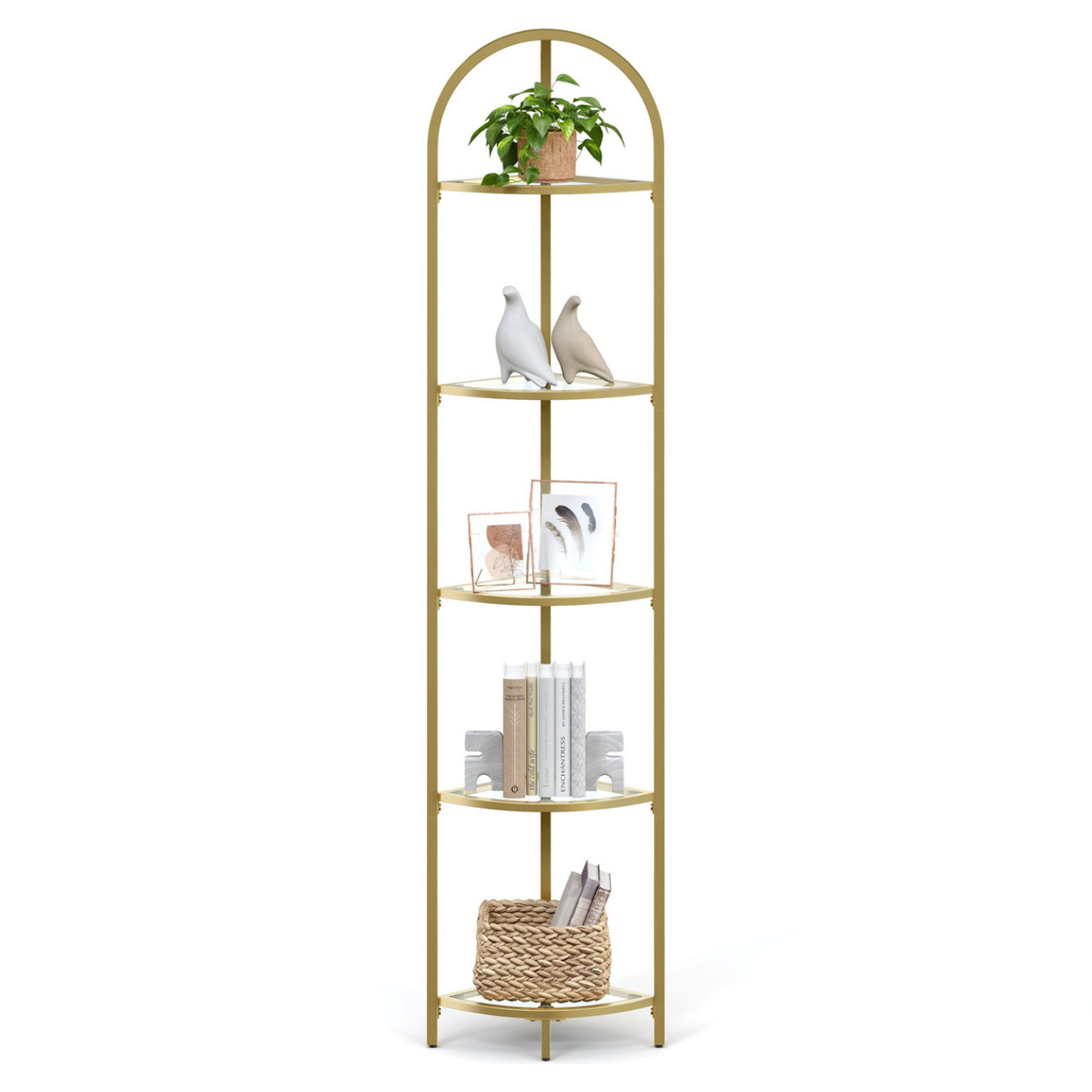 Scaffale angolare di design a arco in oro e vetro