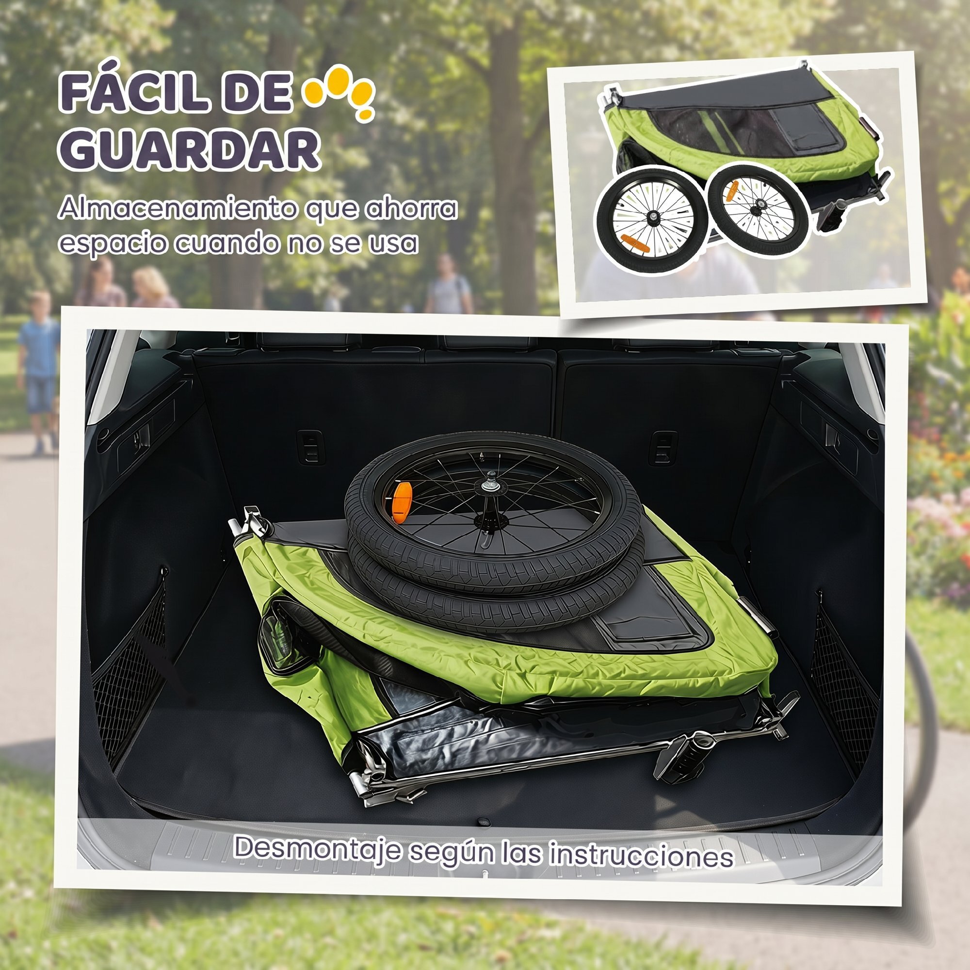 Remolque de Bicicleta Perros 2 en 1, Carrito para Perros Medianos hasta 20 kg y Gatos Plegable con Suspensión, Neumáticos Grandes, Ventanas de Malla, Freno de Mano, Reflectores, Bandera, Verde