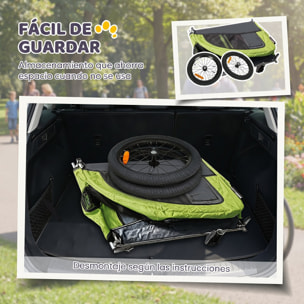 Remolque de Bicicleta Perros 2 en 1, Carrito para Perros Medianos hasta 20 kg y Gatos Plegable con Suspensión, Neumáticos Grandes, Ventanas de Malla, Freno de Mano, Reflectores, Bandera, Verde